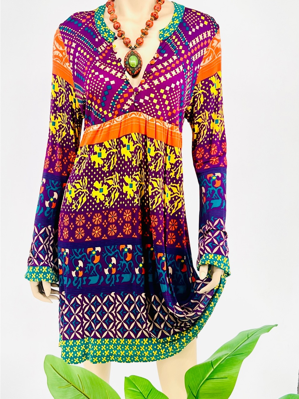 Bohemian Multi-Color V-Neck Long Sleeve Dress